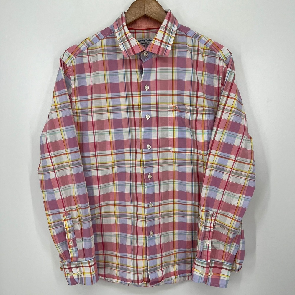 Tommy Bahama Mens Pima Cotton Plaid Long Sleeve Button Down Shirt Pink Size M